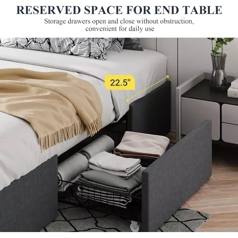Allewie-Marco de cama de plataforma tamaño Queen con 3 cajones de almacenamiento, tapizado en tela, soporte de listones de madera, No necesita resorte de caja, No