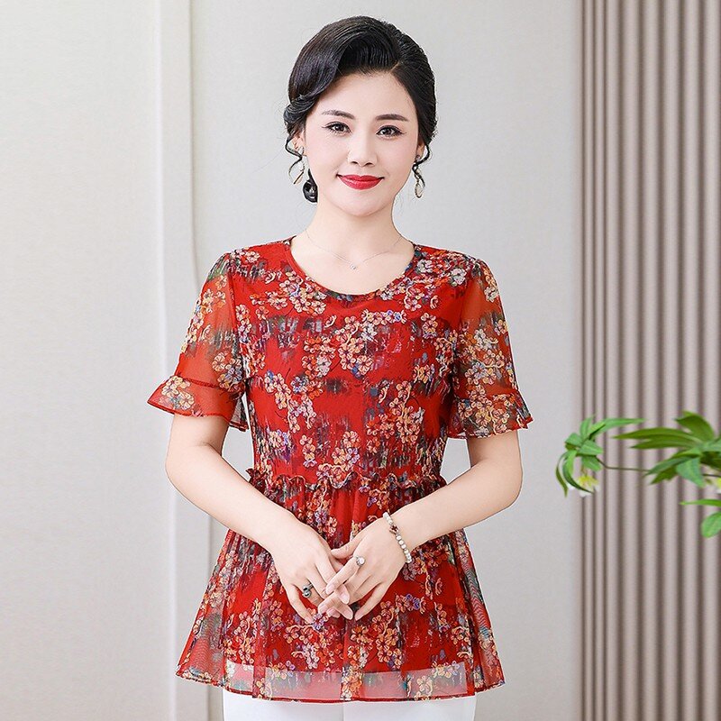 Blusa holgada informal de gasa con estampado Floral para mujer, camisa de manga corta con cuello redondo, primavera y verano