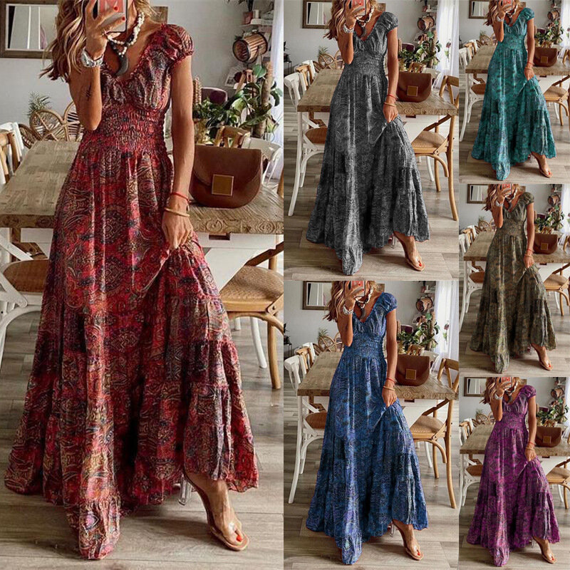 Women's Retro Long Dress Waisted Floral Print Dresses