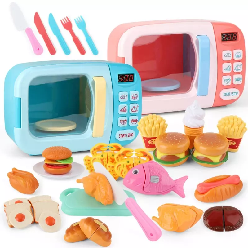 Mini Kitchen Pretend Play Toys Girls Simulation Microwave Oven Cutting Food Play House Toys Educational Gift For Children