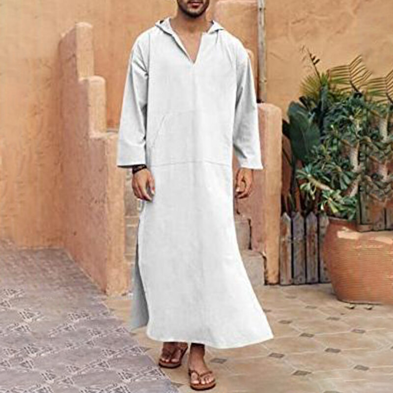 Manto monocromático com capuz masculino, robe simples, longo, tradicional, Oriente Médio, estilo étnico, muçulmano, árabe, casual diário, roupa étnica