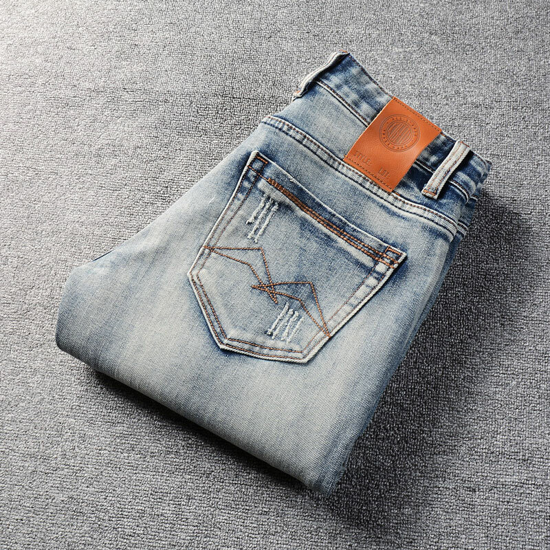 Włoski styl modne dżinsy męskie wysokiej jakości niebieskie w stylu Retro elastyczna rozciągliwe dopasowanie dopasowana porwane jeansy męskich spodnie dżinsowe w stylu Vintage