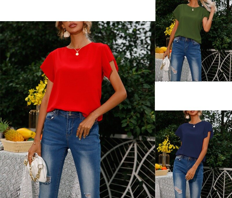 Spring and Summer Women New Top Blending Casual Solid Ruffled Short Sleeve Pullover Hollow Out Round Neck Loose Fitting T-shirt