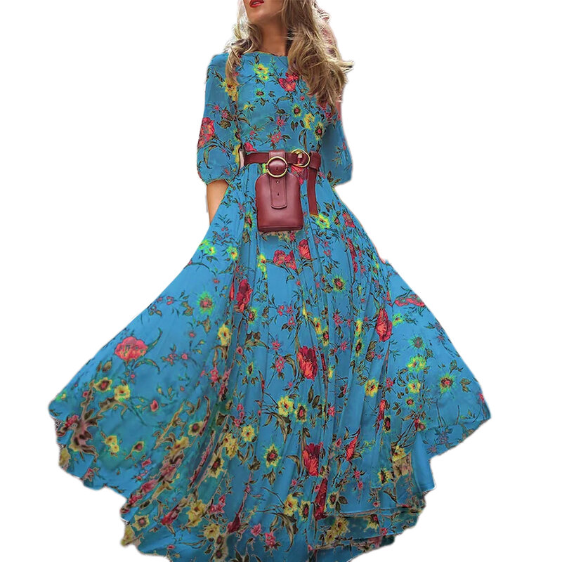 Женское платье-макси с цветочным принтом, разноцветное платье из полиэстера с круглым вырезом и драпировкой качели в стиле бохо, весна 2019