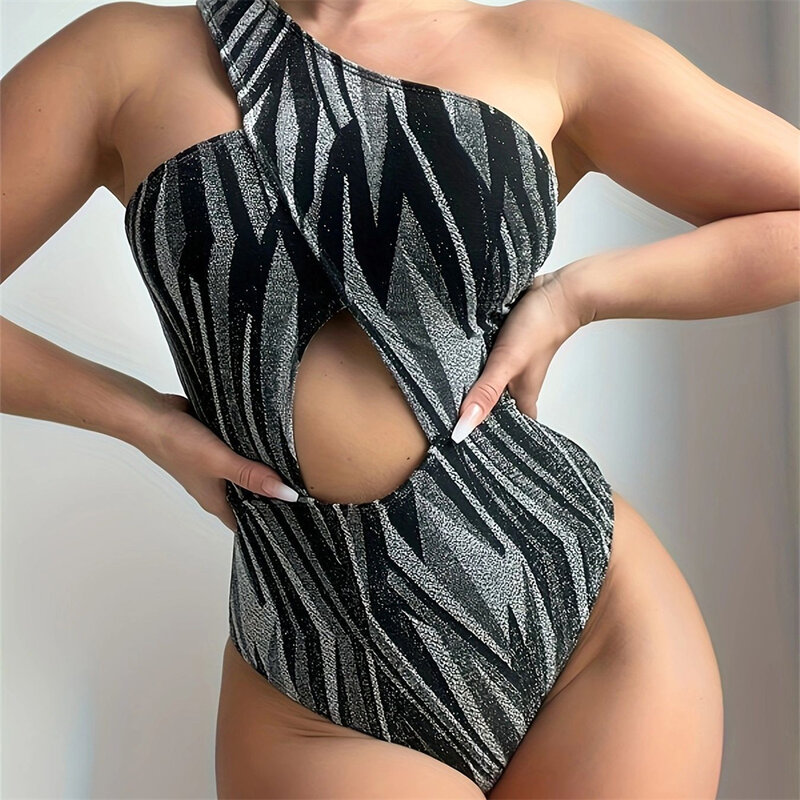 Eine Schulter Bikinis aushöhlen sexy Badeanzug geometrischen Stoff Monokini 1-teiligen Badeanzug Frauen Brasilien Strand Urlaub Outfits