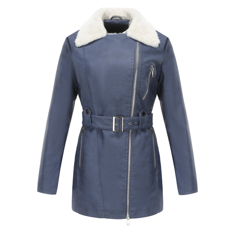 Mantel kulit mewah wanita, jaket lengan panjang ritsleting kepala ganda dengan sabuk mantel hangat musim gugur/dingin baru 2024