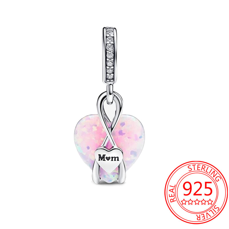 Tender Pink 925 Sterling Silver Mom's Heart Shaped  Dangle Charm Fit Pandora Bracelet Mother's Day Party Jewelry Gifts