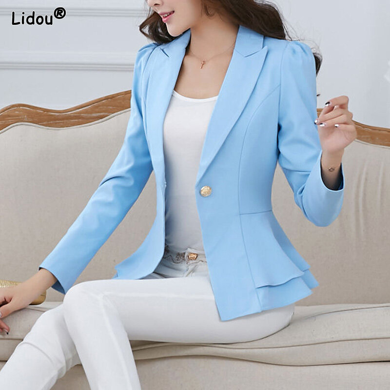 Office Lady Elegant Fashion Skinny Patchwork Solid Color Button Notched Ruffles Blazers Thin Spring Summer Women's Clothing 2023