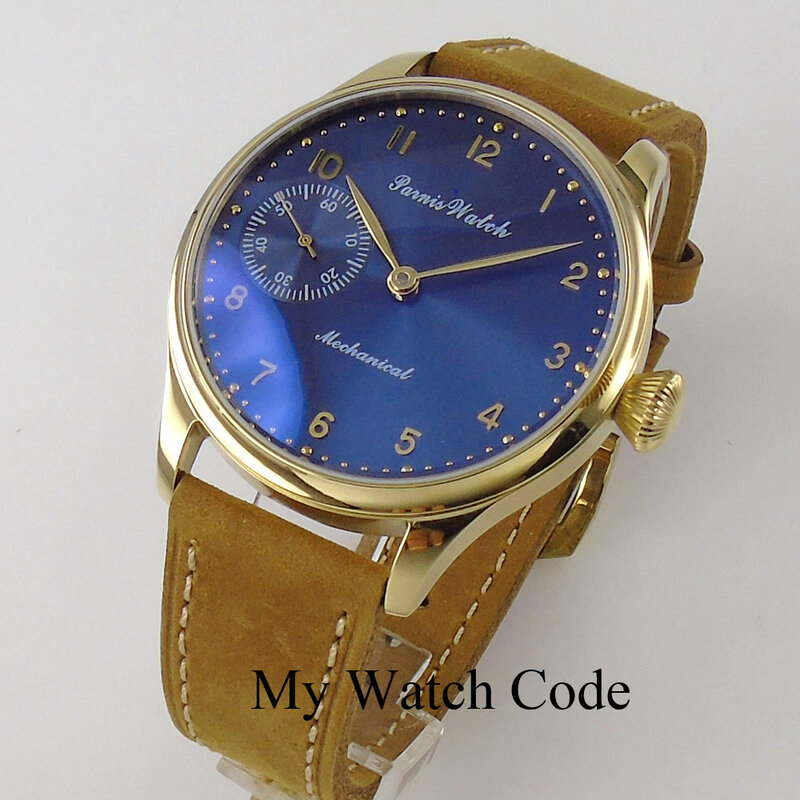 Vintage Parnis Mechanische Hand Winding Horloge Mannen Gold 44Mm Stalen Horloge Sport 17 Juwelen 6497 Movtt Kaki Band Glas terug