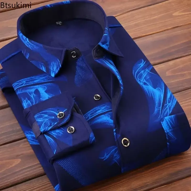 Мужская теплая фланелевая рубашка в клетку, темно-синяя формальная повседневная флисовая рубашка с длинными рукавами и меховой подкладкой, зима 2024
