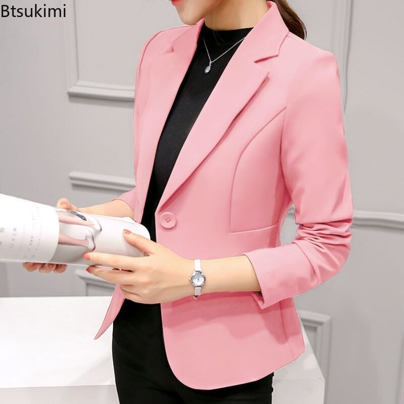 Jaket kantor bisnis wanita, Blazer lengan penuh kasual satu warna tersedia 2024
