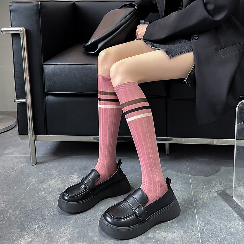 ถุงเท้าลายทางสีชมพูถุงเท้ายาวและเข่าถุงเท้าผ้าฝ้ายแบบเรียบง่ายสำหรับฤดูใบไม้ผลิ/ฤดูร้อน