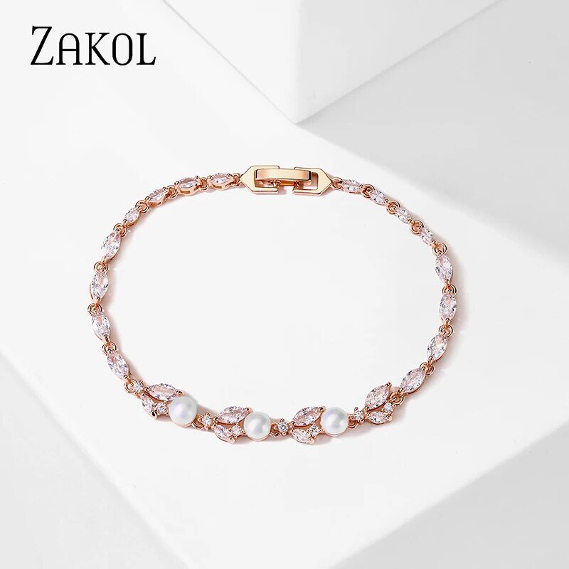 ZAKOL-pulsera clásica de circonita con hojas para mujer, brazalete de perlas de Color blanco, oro rosa, joyería de moda, BP1029