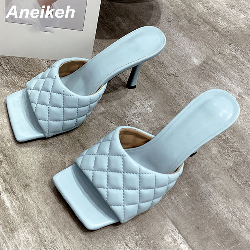 Aneikeh novo sexy pu diamante praça cabeça peep toe fino salto alto chinelos de verão moda deslizamento em slides das mulheres mulas sapatos de festa