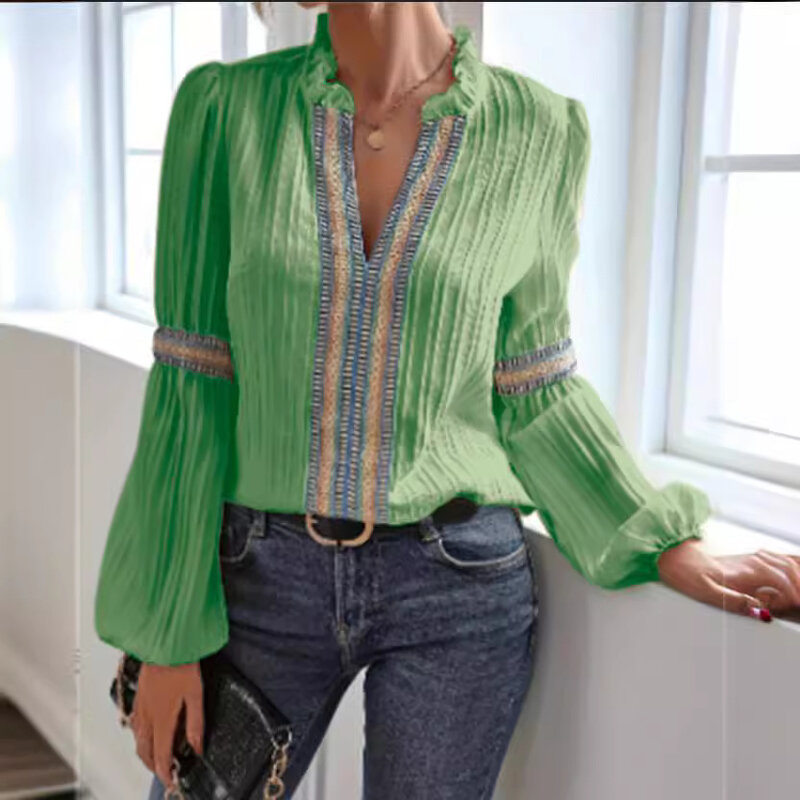 Blusa de manga larga con encaje para mujer, Top informal con estampado de cuello en V, ropa de primavera y verano