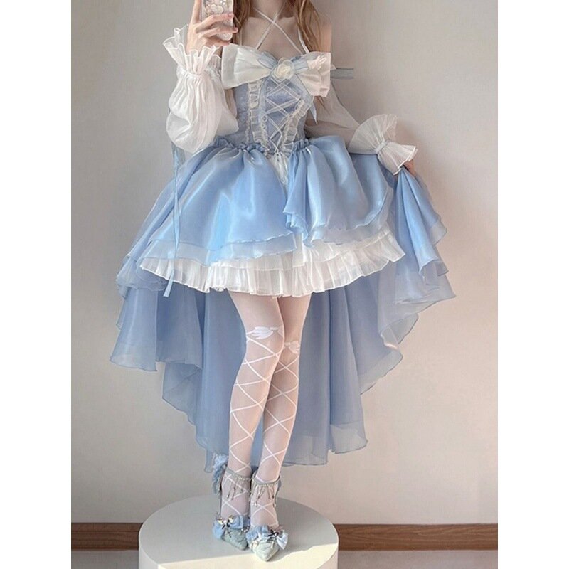 Vestido Lolita Azul Harajuku Japonês, Vestido de Princesa Arco, Renda Ruffled, Conjunto de Garota Adorável, Terno Lolita Fashion
