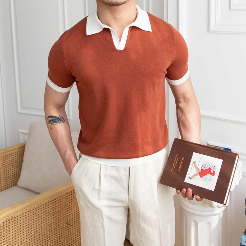 Polo kaus rajutan untuk pria, kemeja lengan pendek elastis berpanel kasual bersirkulasi serbaguna modis