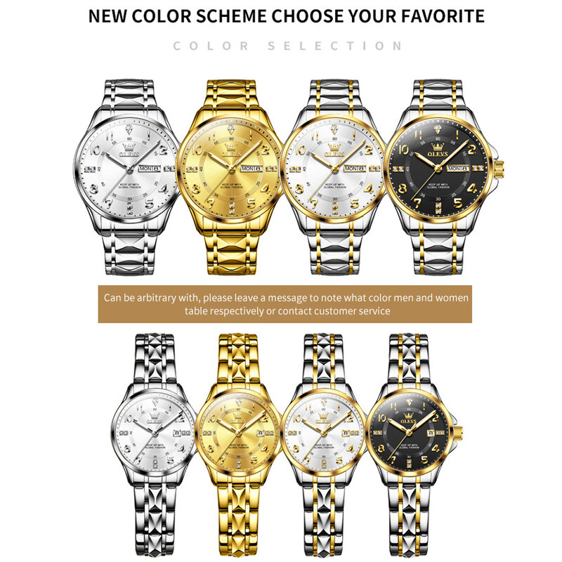 OLEVS Original Luxury Branded Couple Watches Pair Men and Women Waterproof Classic Gold Quartz Day Date Lover's Wristwatch Set