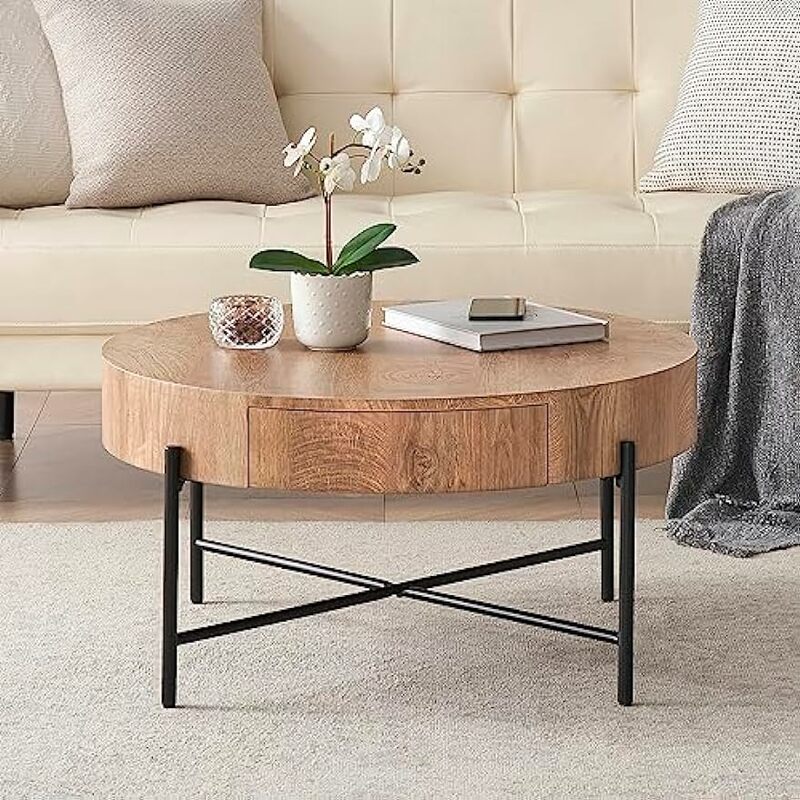 IDEALHOUSE Round Coffee Table Living Room Wood Center Table with Two Drawers Farmhouse Coffee Table Rustic Circle Cocktail