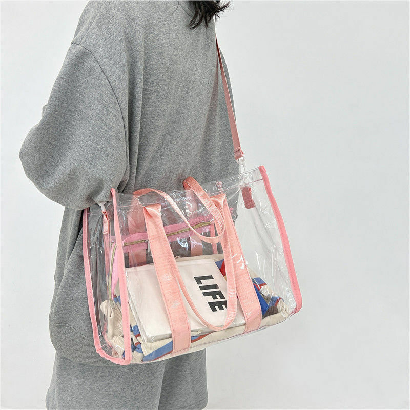 Transparente PVC Jelly Bag Set, colorido Laser Handbag, Gift Bag Grande Capacidade, logotipo personalizável, estilo de escritório, novo, 2pcs