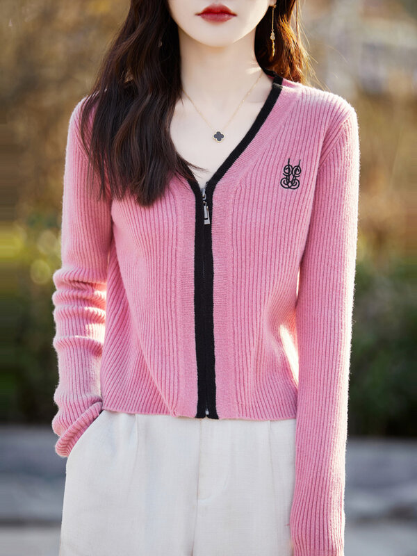 100% Merino Wool Women Zipper Cardigan Spring Autumn Long Sleeve V-Neck Sweater Soft Warm Knitted Female Fashion Short Coat