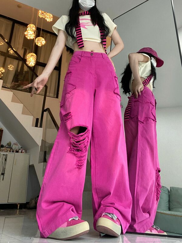 Джинсы с дырками, дизайнерские розово-красные винтажные прямые мешковатые джинсовые брюки с высокой талией, женская уличная мода, джинсовые брюки с широкими штанинами