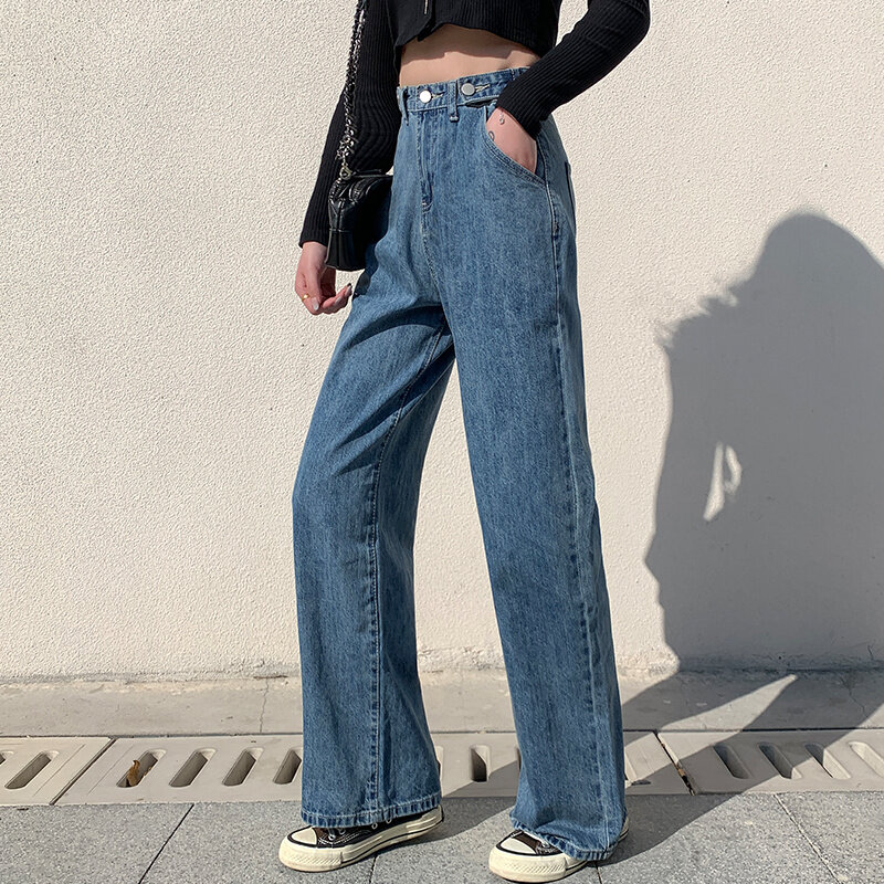 Jeans jeans de cintura alta de perna larga feminina, roupas vintage, calças retas, moda Harajuku, alta qualidade