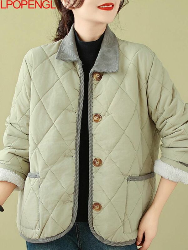 여성 코듀로이 칼라 숏 다운 코튼 재킷, 한국 빈티지 컬러 블로킹 스트리트웨어, 싱글 브레스트 상의, 가을 겨울