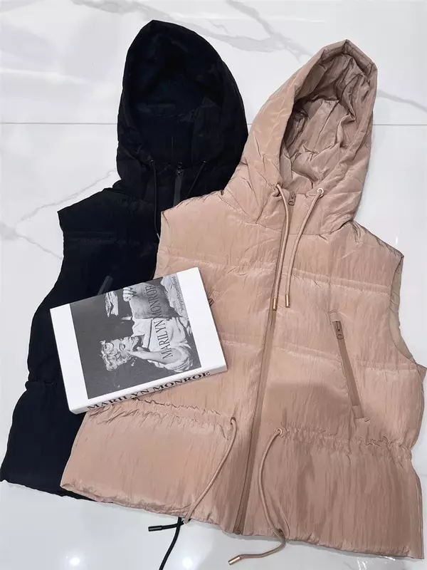 Rompi bulu angsa wanita, jaket hangat bertudung tanpa lengan kasual sederhana serbaguna warna polos serut musim gugur musim dingin baru 2023