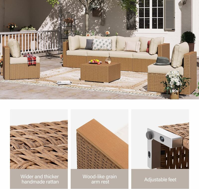 Уличный комплект мебели для патио из 7 предметов, полиэтиленовые Ротанговые секционные наборы для разговоров с искусственным и деревянным кофейным столиком