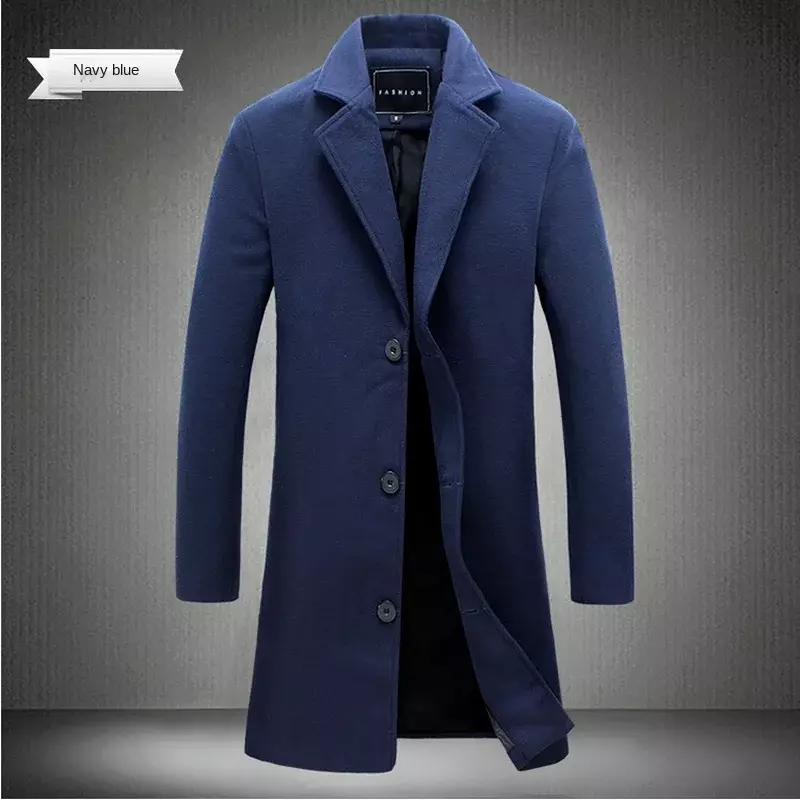 2023 Spring Autumn New Long Cotton Coat New Wool Blend Pure Color Casual Business Fashion Men's Clothing Slim Windbreaker Jacket