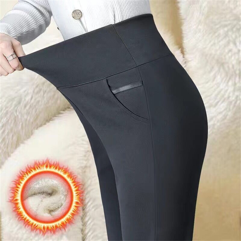 Leggings térmicas de cintura alta elásticas femininas, calças justas monocromáticas, meia-calça, pelúcia, grossa, veludo, fina, plus size, inverno