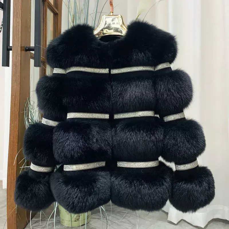 2024 New Fashion Real Fur Coat Winter Jacket Women Natural Fox Fur Diamonds Thick Warm Outerwear Streetwear Luxury Brand