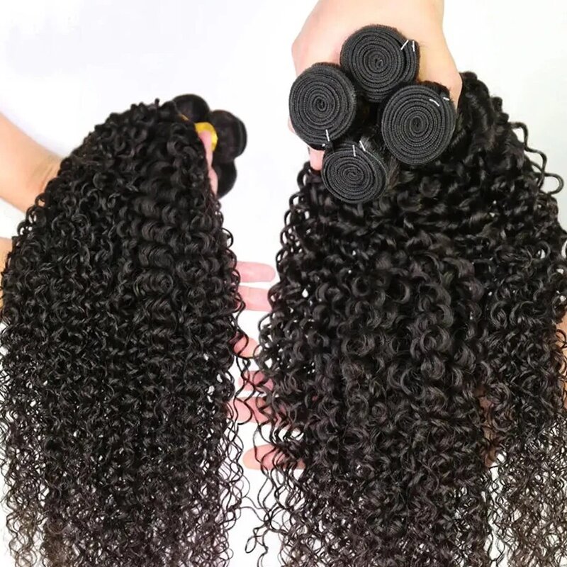 Bundles brésiliens de cheveux humains Kinky Wave avec fermeture, vague d'eau noire naturelle, tissage de cheveux humains, cheveux vierges, 10-30 po