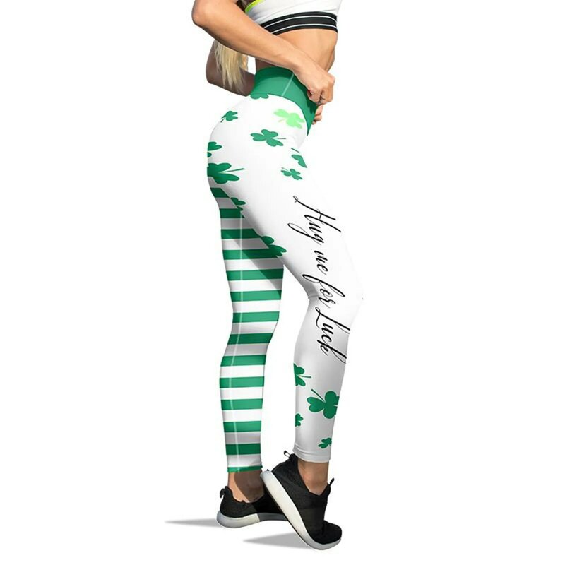 Calças de ioga de algodão para mulheres com boa impressão, leggings verdes sorte, perna reta, paddystripes correndo, 5t