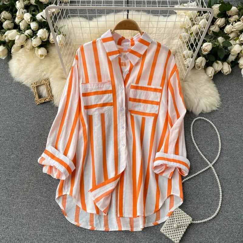 Women Vertical Stripe Shirt Trendy Women's Casual Striped Shirt with Lapel Collar Loose Fit Long Sleeve Single for Streetwear