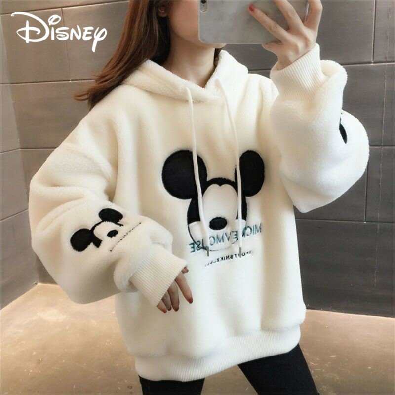 Disney Cute Mickey Minnie Mouse Hoodies Women Autumn Winter Pullover Tops Cartoons Femme Plus Velvet Clothes