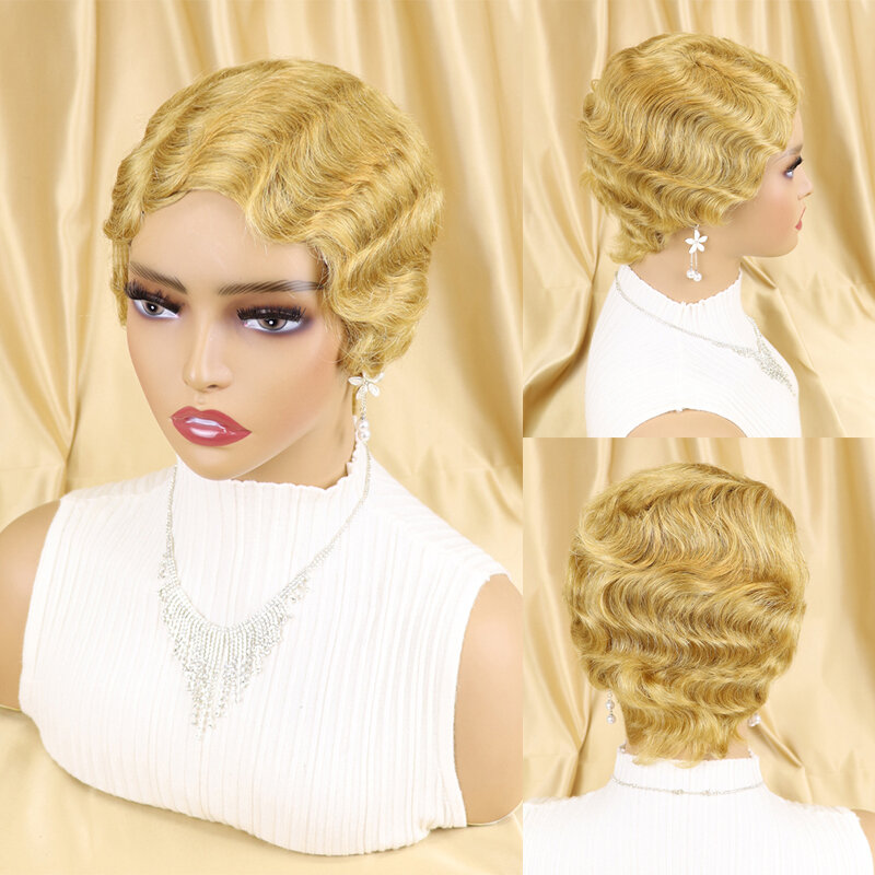 Krótka fryzura Pixie peruka cena hurtowa brazylijski Remy włosy naturalny kolor pełna maszyna wykonana peruka krótki palec fala peruka