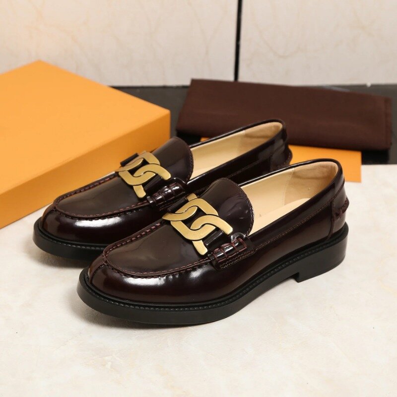 Potato silk twist buckle cowhide loafers low heel shoes British retro small leather driving foreign trade beans
