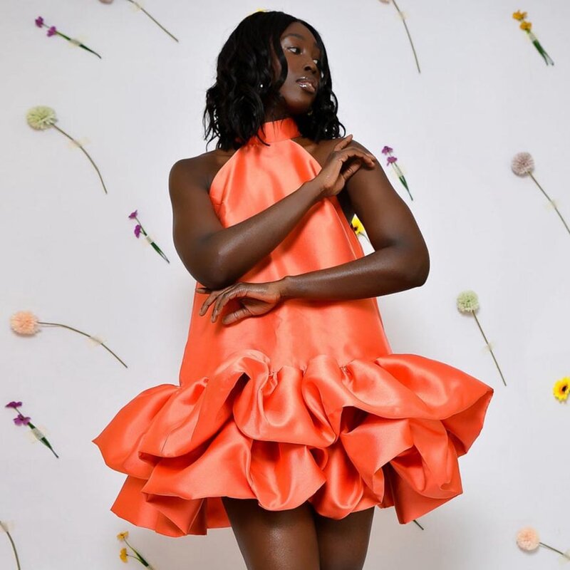 Haltter-vestido de satén naranja sin mangas para mujer, minivestido de fiesta con volantes, ropa hecha a medida