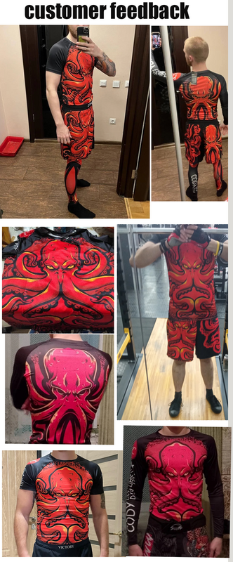 Kaus Jiu jitsu gi MMA warna merah pria, baju olahraga + celana pendek berperekat BJJ No Gi Rashguard kompresi Boxing blus olahraga pria