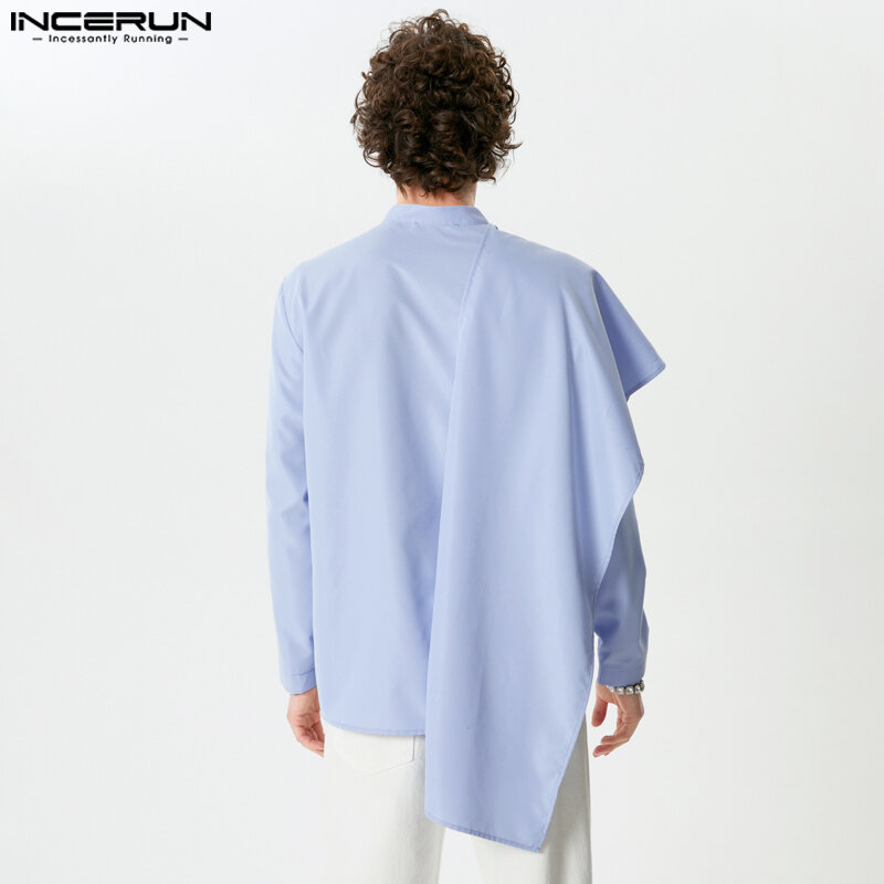 Incerun-男性用単色単色不規則シャツ、ラペル、長袖、ボタンファッション、カジュアルストリートウェア、男性用衣類、個性、2024