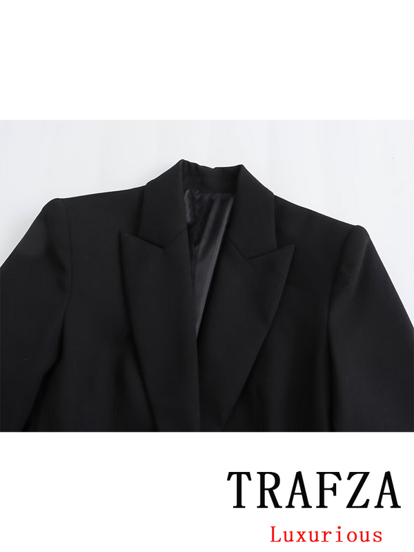 TRAFZA-Conjunto de calças flare de peito único feminino, terno vintage, chique, monocromático, bolsos, botão, senhora do escritório, nova moda, 2024