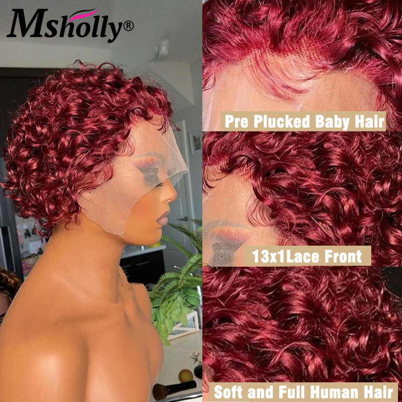 Fryzura Pixie czarny kolor kręcone ludzkie włosy peruka 99J blond bordowy naturalną linią włosów brazylijski Remy Water Wave peruki z kręconymi włosami dla kobiet
