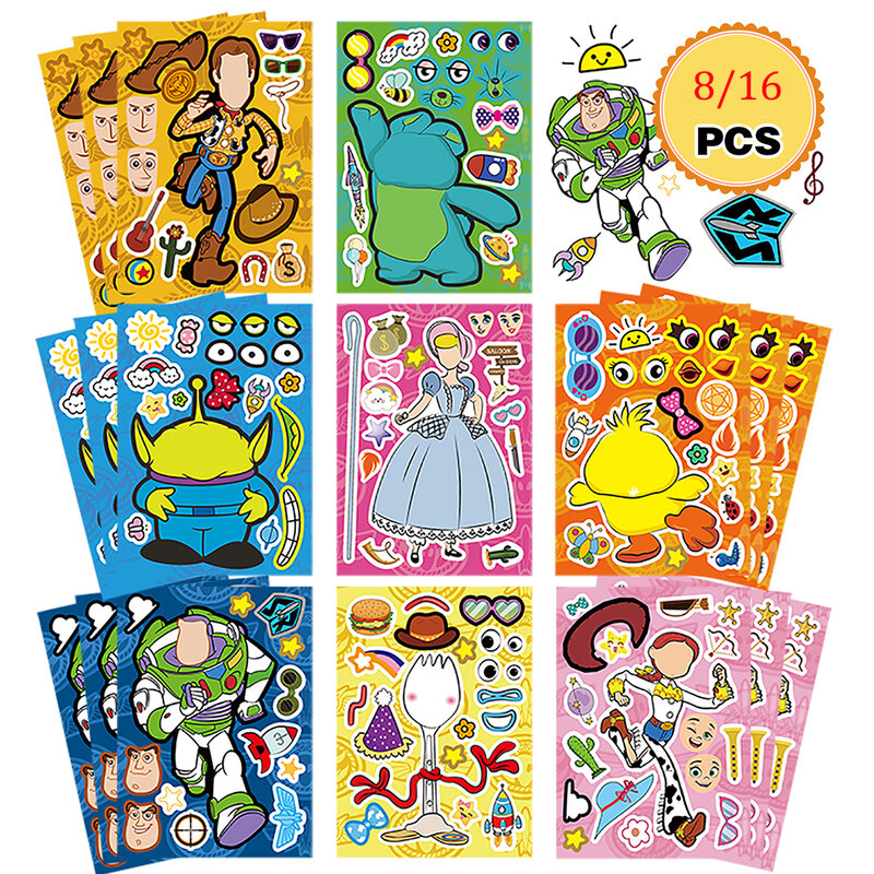 8/16sheets Disney Toy Story Funny Puzzle Stickers Make A Face Children Game Decals Toys Assemble Jigsaw Kids Party Game Sticker