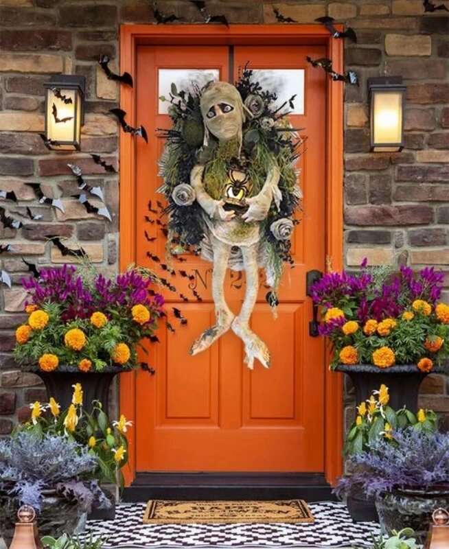 Halloween Mummy Wreath Front Door Window Wall Garland Halloween Decorations Home Skeleton Head Party Horror Decoration Props
