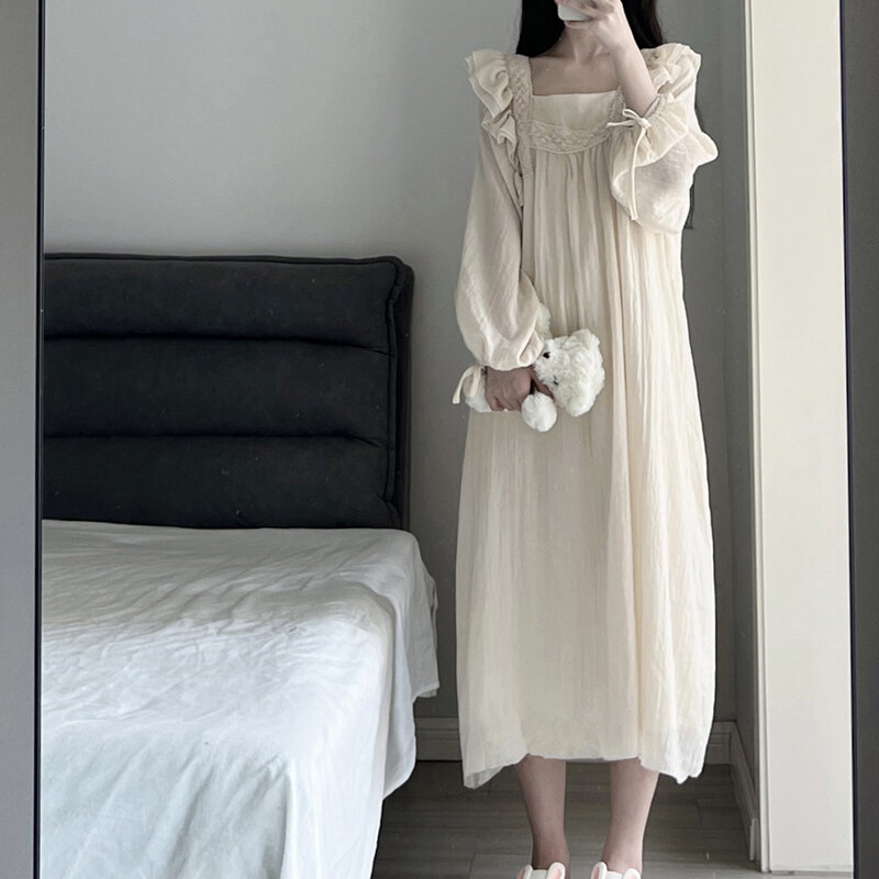 Vestido de noite feminino coreano babados, camisola de renda, pijama de primavera, manga comprida, gola quadrada, roupa de dormir, novo, 1 peça, 2024