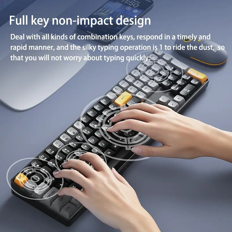Koleksi AliExpress aogo A108 Keyboard Mekanikal game, nirkabel USB tipe-c kabel saklar kuning 2.4 kunci bisa ditukar panas