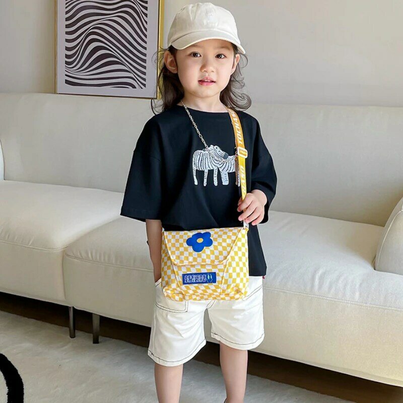 Saco de lona das crianças moda klein azul impressão xadrez bolsa de ombro flor princesa pequena mudança pequena mochila