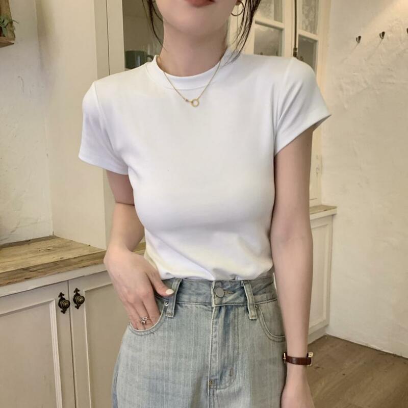 Camiseta feminina de manga curta slim fit, blusa elegante com gola redonda, pulôver monocromático, streetwear macio, elegante
